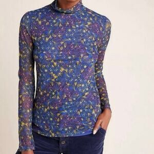 Anthropologie Sheer Mock Neck Top Blue Paisley Artsy Lightweight Size Medium